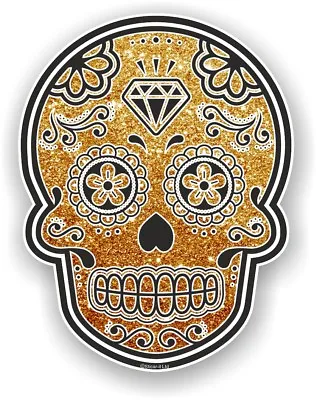 Mexican Day Of The Dead Sugar Skull Gold Glitter Effect Vinyl Car Sticker Decal • £2.49