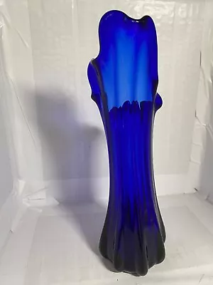 Vintage Cobalt Blue Stretch Glass Vase 24cm Tall • $40