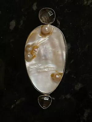 925 Sterling Akr Amy Kahn Russell Huge 3  Biwa Baroque Pearl Smoky Topaz Pendant • $229.97