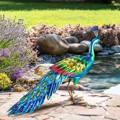 Metal Peacock Yard Art Sculpture Outdoor Decor Garden Statue Bird Large Bright • $77.76