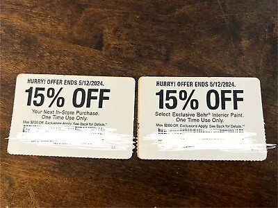 Home Depot Coupon 15% OFF Your Next IN-STORE Purchase Max Discount $200 5/12/24 • $45