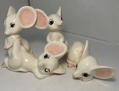 Vtg Ceramic Sassy Posing White Mice W/ Pink Ears Figurines Artist Initials OEC • £30.88