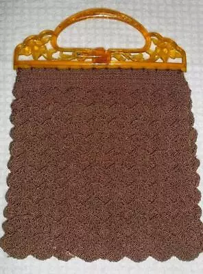 Vintage Cinnamon 40s Corde Crochet Shell Purse Gold Amber Floral Lucite Handle • $14.99