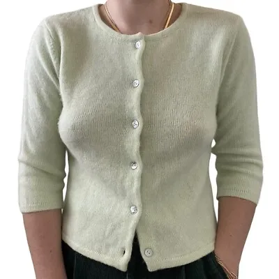 Vintage Womens Pistachio Green Angora Lambswool Blend Preppy Cardigan Sz M • $55