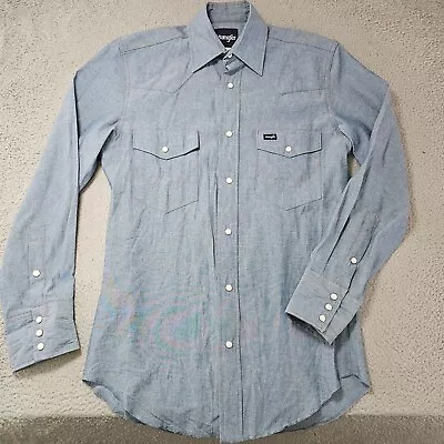 Wrangler Denim Shirt Mens Size Small Blue Chambray Light Wash Western Pearl Snap • $14.89