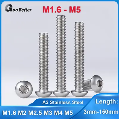 M1.6 M2 M2.5 M3 M4 M5 Socket Button Head Screws Allen Bolts A2 Stainless Steel • £2.10