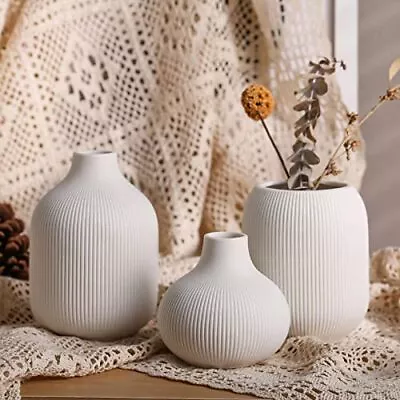 Modern Minimalist White Ceramic Decor Vase Set Of 3 Neutral Small Ribbed Vas... • $35.32