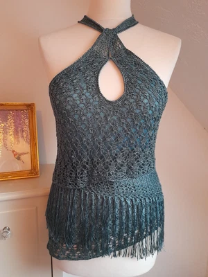 £16 • Buy NEXT Crochet Top 12 Metallic Fringe Keyhole Asymmetric Flapper 30s Party