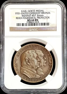 1931 Weimar Republic Founder And Protector Reich Medal Ngc Ms 64 Bn By K. Goetz • $350