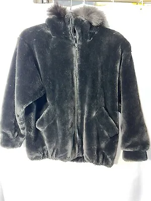 VTG Olympia Limited Inc Women’s Large Black Faux Fur HOODED Coat Mink Sable Q2 • $49.90