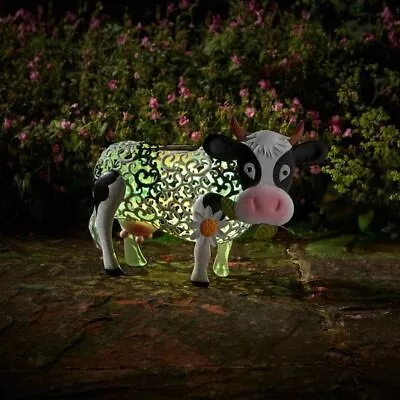 Solar Cow Garden Ornament Daisy Animal Light Up Statue Colour Changing LED Home • £21.99