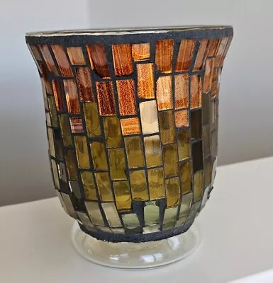 VTG Mosaic Stained Glass Candle Holder Hurricane Glass Footed 4.75  Amber Gold • $15