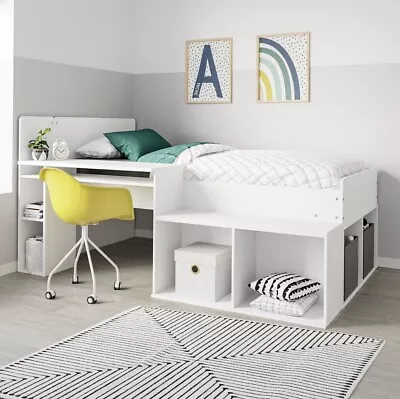 White Cabin Bed Mid Sleeper With Shelves And Built In Desk • £349.95