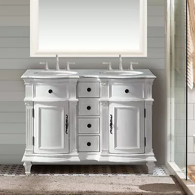 48  Bathroom Double Sink Vanity Carrara White Marble Top Antique White Cabinet • $1451