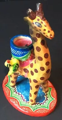 VTG Mexican Folk Art Animal Candle Holder Giraffe With Bird Hand Painted Pottery • $29.99