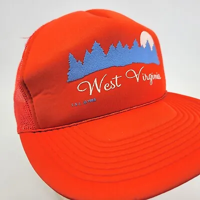 West Virginia Hat Cap Pine Trees Moon Snapback Mesh Foam Trucker Orange Vtg 1985 • $19.76