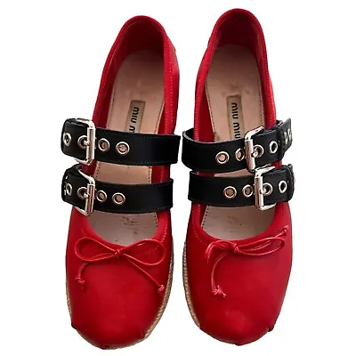 MIU MIU Red Leather Espadrille Platform Punk Ribbon Lace Ballerina Flats 35.5 • $799.99
