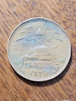 Mexico 20 Centavos Coin 1970. KM# 440 Bronze. Teotihuacan Btw 2 Volcanos. • $0.65