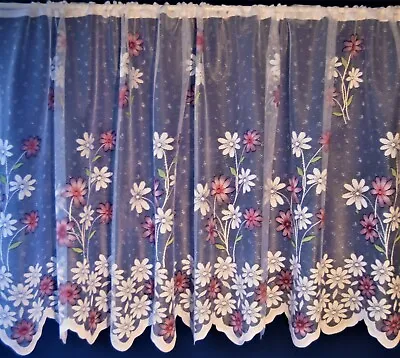 Marigold White With Lavender Motifs Net Curtain With Scalloped Base Per Metre   • £3.80