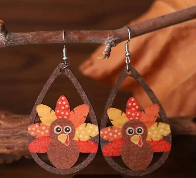 $6.99 • Buy Boutique Vintage Thanksgiving Wood Turkey Hook Earrings Fall Harvest Festival 