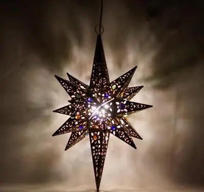 Moravian LONG Star Pierced Metal Glass Pendant Light Lamp Hanging W/marbels 15  • $49.99