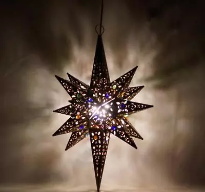 Moravian LONG Star Pierced Metal Glass Pendant Light Lamp Hanging W/marbels 21  • $59.99