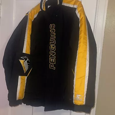 Vintage Pittsburgh Penguins Starter Jacket Large Spell Out Logo Missing Hood • $42.49