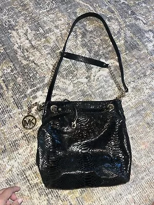 MICHAEL Michael Kors Black Glossy Python Embossed Leather Fulton Shoulder Bag • $45