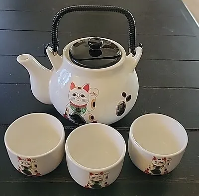Vintage Japanese Maneki Neko Lucky Cat Tea Pot & 3 Cups Set Made In Taiwan • $39
