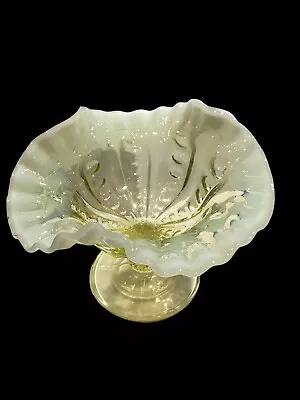 RARE!Vintage Coin Spot Canary Opalescent Ruffled Compote Vaseline Glass FREE SHP • $50