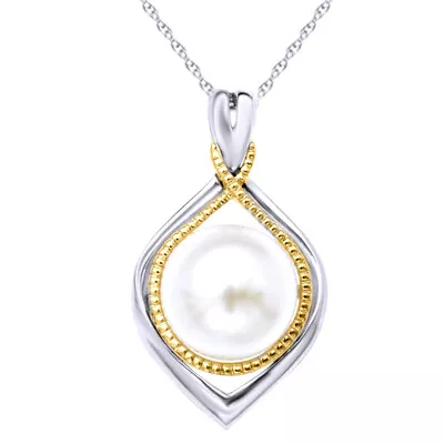 Dual Tone 14K Gold Plated 10 Mm Pearl Pendant With 18  Chain Necklace • $285.57