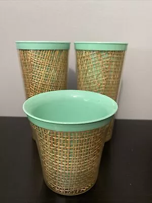 Vintage Raffiaware Melmac Burlap Tumbler Coffee Cups Mugs Set Of 3 Green • $24.99