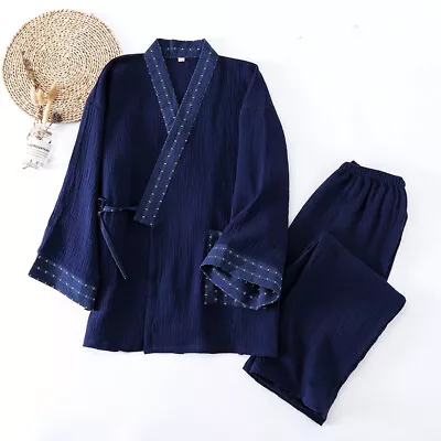 Men Cotton Robe Japanese Yukata Pajamas Set Sleepwear Kimono Bathrobe Homewear • £32.39