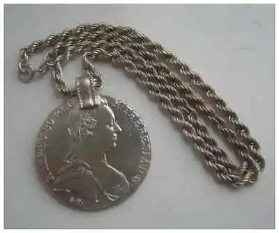 Maria Theresa Thaler Silver Bullion Coin Medallion Pendant On 18  Sterling Chain • £110