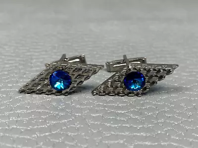 Vintage Diamond Shape Cut Out Pattern Blue Stone White Gold Plated Cuff Links • $19.95