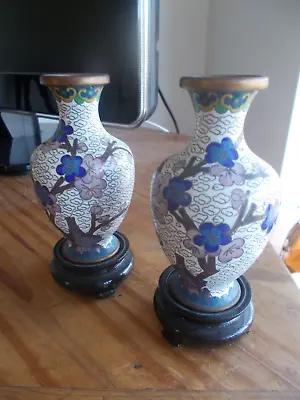 Pair Vintage Chinese Cloisonne Vases  On Wooden Stands Circ  1970 • £38