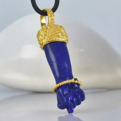 Gold Vermeil Sterling Mano Fico Figa Pendant Carved Lapis Lazuli Emerald 10.96 G • $159