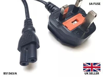 Figure Of 8 Power Cable UK Mains Male 5A Fused Plug To IEC C7 Female Socket 1.5M • £2.99