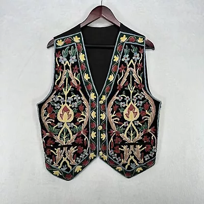 Vintage Vest Womens Small Black Floral Embroidered Jacket Button Up Wool Blend • $25