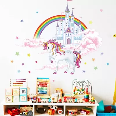 Large Unicorn Rainbow Castle Girls Wall Stickers Star Art Decal Home Decor • £9.99