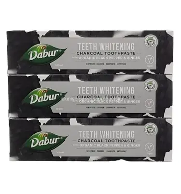 3 X Dabur Teeth Whitening Charcoal Toothpaste With Organic Black Pepper & Ginger • £14.79