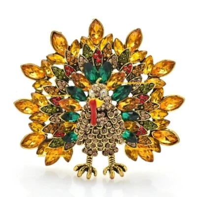$12.99 • Buy Turkey Thanksgiving Day / Fall Crystal Rhinestone Brooch Pin Velvet Bag - VIDEO