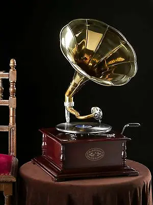 Gramophone Record Player Square With Brass Horn  78 Rpm Vinyl Phonograph  • £79.99