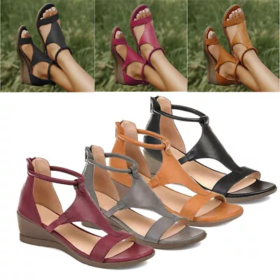 Comfortable Lady Summer Sandals Beach Strap Ladies Low Wedge Gladiator Shoes • £10.29
