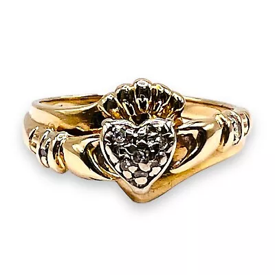 Vintage 10k Yellow Gold Irish Claddagh Celtic Diamond Heart Ring Size 7.25 • $427.50