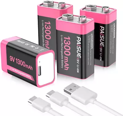 Pack Of 4 9V Rechargeable Batteries 1300mAh High Capacity Lithium-ion Long Lasti • $45.87