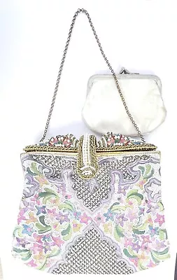 Vintage Micro Beaded Floral Embroidered Hand Bag Clutch Purse & Coin Bag France • $56.55
