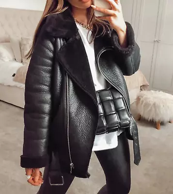 ZARA Black Faux Shearling Aviator Jacket XS • $95