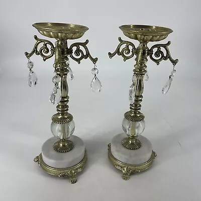 Vintage Matched Pair Footed Marble Pillar Candle Holders With Hanging Prisms • $38.97