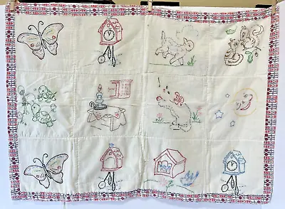 Vtg Handmade 2- Sided Blanket Childs 70s Embroidered Front With Patterned Back • $22